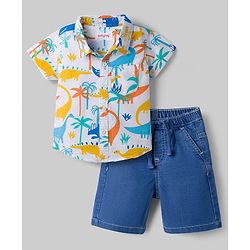 Babyhug Cotton Woven Half Sleeves Dino Printed Shirt & Denim Shorts Set - White