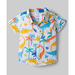 Babyhug Cotton Woven Half Sleeves Dino Printed Shirt & Denim Shorts Set - White