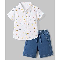 Babyhug Cotton Woven Half Sleeves Shirt & Shorts Set with Nautical Theme Print - Blue & White