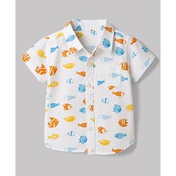 Babyhug Cotton Woven Half Sleeves Shirt & Shorts Set with Sea Life Print - Blue & White