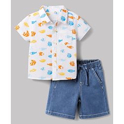 Babyhug Cotton Woven Half Sleeves Shirt & Shorts Set with Sea Life Print - Blue & White