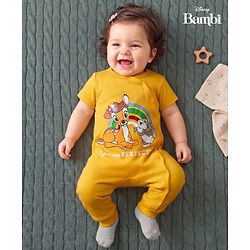 Babyhug Disney 100% Cotton Knit Half Sleeves Romper With Bambi Graphic - Yellow