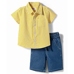 Babyhug Cotton Woven Half Sleeves Striped Shirt & Denim Shorts Set - Multicolor