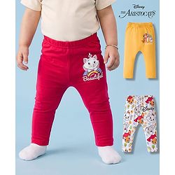 Babyhug Disney Interlock Knit Full Length Diaper Leggings with Marie Graphics Pack of 3 - Red Yellow & White