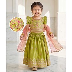 Babyhug Woven Frill Sleeves Georgett Embroidered & Sequinned Lehenga Choli & Dupatta Set- Lime Green