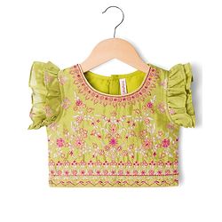 Babyhug Woven Frill Sleeves Georgett Embroidered & Sequinned Lehenga Choli & Dupatta Set- Lime Green