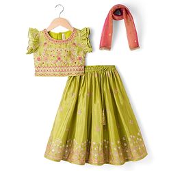 Babyhug Woven Frill Sleeves Georgett Embroidered & Sequinned Lehenga Choli & Dupatta Set- Lime Green