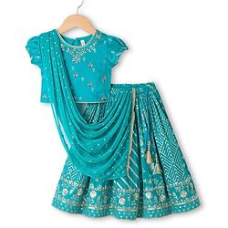 Babyhug Brocade Woven Half Sleeves  Choli Lagenga Dupattta Set with Floral and Sequinned Embroidery - Teal