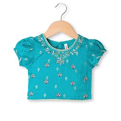 Babyhug Brocade Woven Half Sleeves  Choli Lagenga Dupattta Set with Floral and Sequinned Embroidery - Teal