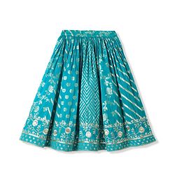 Babyhug Brocade Woven Half Sleeves  Choli Lagenga Dupattta Set with Floral and Sequinned Embroidery - Teal