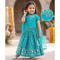 Babyhug Brocade Woven Half Sleeves  Choli Lagenga Dupattta Set with Floral and Sequinned Embroidery - Teal