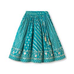 Babyhug Brocade Woven Half Sleeves  Choli Lagenga Dupattta Set with Floral and Sequinned Embroidery - Teal