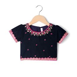 Babyhug Velvet Woven Half Sleeves Embroidered Neck & Sequinned Choli Lahenga & Dupatta Set- Navy & Dark Pink