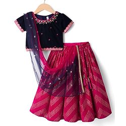 Babyhug Velvet Woven Half Sleeves Embroidered Neck & Sequinned Choli Lahenga & Dupatta Set- Navy & Dark Pink
