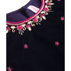 Babyhug Velvet Woven Half Sleeves Embroidered Neck & Sequinned Choli Lahenga & Dupatta Set- Navy & Dark Pink