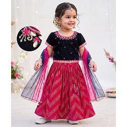 Babyhug Velvet Woven Half Sleeves Embroidered Neck & Sequinned Choli Lahenga & Dupatta Set- Navy & Dark Pink
