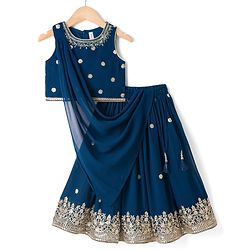 Babyhug Georgette Woven Sleeveless Choli Lahenga Dupatta Set with Sequinned Floral Embroidery - Navy