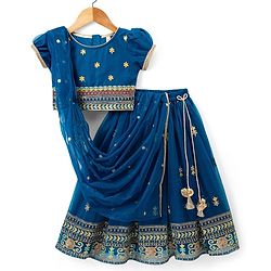 Babyhug Net Woven Half Sleeves Floral Embroidered Choli & Lehenga Set With Dupatta - Blue