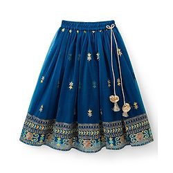 Babyhug Net Woven Half Sleeves Floral Embroidered Choli & Lehenga Set With Dupatta - Blue