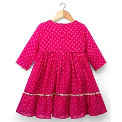 Babyhug Georgette Woven Full Sleeves Printed Ethnic Dress & Jacket With Floral Embroidery - Fuschia