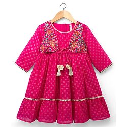 Babyhug Georgette Woven Full Sleeves Printed Ethnic Dress & Jacket With Floral Embroidery - Fuschia