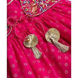 Babyhug Georgette Woven Full Sleeves Printed Ethnic Dress & Jacket With Floral Embroidery - Fuschia
