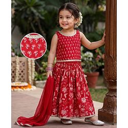 Babyhug 100% Cotton Cambric Woven Sleeveless Floral Printed Choli & Lehenga Set With Dupatta - Red