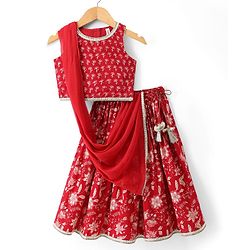 Babyhug 100% Cotton Cambric Woven Sleeveless Floral Printed Choli & Lehenga Set With Dupatta - Red