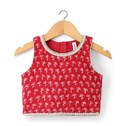 Babyhug 100% Cotton Cambric Woven Sleeveless Floral Printed Choli & Lehenga Set With Dupatta - Red
