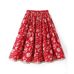 Babyhug 100% Cotton Cambric Woven Sleeveless Floral Printed Choli & Lehenga Set With Dupatta - Red