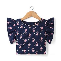 Babyhug 100% Cotton Cambric Woven Half Sleeves Choli Lehenga Set with Floral Print & Dupatta - Navy Blue