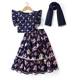 Babyhug 100% Cotton Cambric Woven Half Sleeves Choli Lehenga Set with Floral Print & Dupatta - Navy Blue