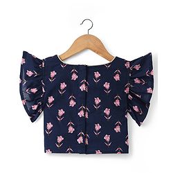 Babyhug 100% Cotton Cambric Woven Half Sleeves Choli Lehenga Set with Floral Print & Dupatta - Navy Blue