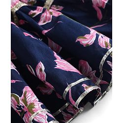Babyhug 100% Cotton Cambric Woven Half Sleeves Choli Lehenga Set with Floral Print & Dupatta - Navy Blue