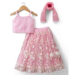 Babyhug Net Woven Sleeveless Choli Lehenga Set with Sequin Detailing & Dupatta - Pink