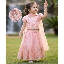 Babyhug Net Woven Half Sleeves Floral Embroidered Lehenga Choli Set with Dupatta - Pink