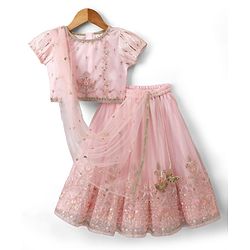 Babyhug Net Woven Half Sleeves Floral Embroidered Lehenga Choli Set with Dupatta - Pink