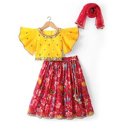 Babyhug Georgette Woven Half Sleeves Choli Lehenga Set with Floral Embroidery & Dupatta - Pink & Yellow