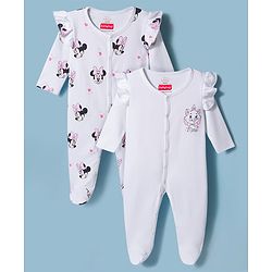 Babyhug Disney 100% Cotton Knit Full Sleeves Sleepsuits With Disney Character Graphic Pack of 2 - White