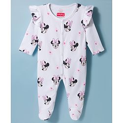 Babyhug Disney 100% Cotton Knit Full Sleeves Sleepsuits With Disney Character Graphic Pack of 2 - White