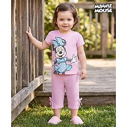 Babyhug Disney Single Jersey Knit Half Sleeves Minnie Mouse Printed T-Shirt & Capri Night Suit - Light Pink