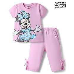 Babyhug Disney Single Jersey Knit Half Sleeves Minnie Mouse Printed T-Shirt & Capri Night Suit - Light Pink