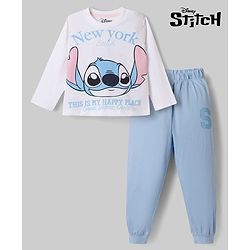 Babyhug Disney Single Jersey Knit Full Sleeves T-Shirt & Pyjama Night Suit with Stitch Graphics - White