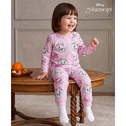 Babyhug Disney 100% Cotton Knit Full Sleeves Co-Ords T-Shirt & Pyjama Night Suit With Marie Graphic - Pink