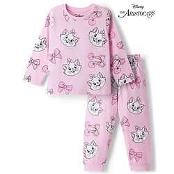 Babyhug Disney 100% Cotton Knit Full Sleeves Co-Ords T-Shirt & Pyjama Night Suit With Marie Graphic - Pink