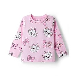 Babyhug Disney 100% Cotton Knit Full Sleeves Co-Ords T-Shirt & Pyjama Night Suit With Marie Graphic - Pink