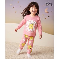 Babyhug Disney Single Jersey Knit Full Sleeves T-Shirt & Joggers Night Suit With Winnie The Pooh Graphics - Pink