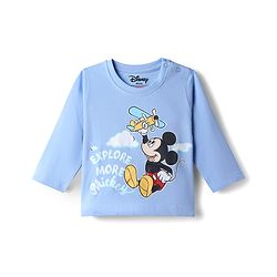 Babyhug Disney Single Jersey Knit Full Sleeves T-Shirt & Striped Pyjama Night Suit With Mickey Mouse Graphic - Light Blue