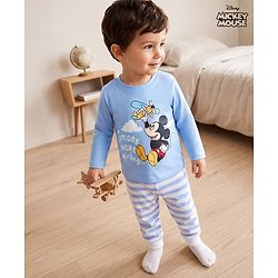 Babyhug Disney Single Jersey Knit Full Sleeves T-Shirt & Striped Pyjama Night Suit With Mickey Mouse Graphic - Light Blue