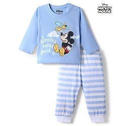 Babyhug Disney Single Jersey Knit Full Sleeves T-Shirt & Striped Pyjama Night Suit With Mickey Mouse Graphic - Light Blue